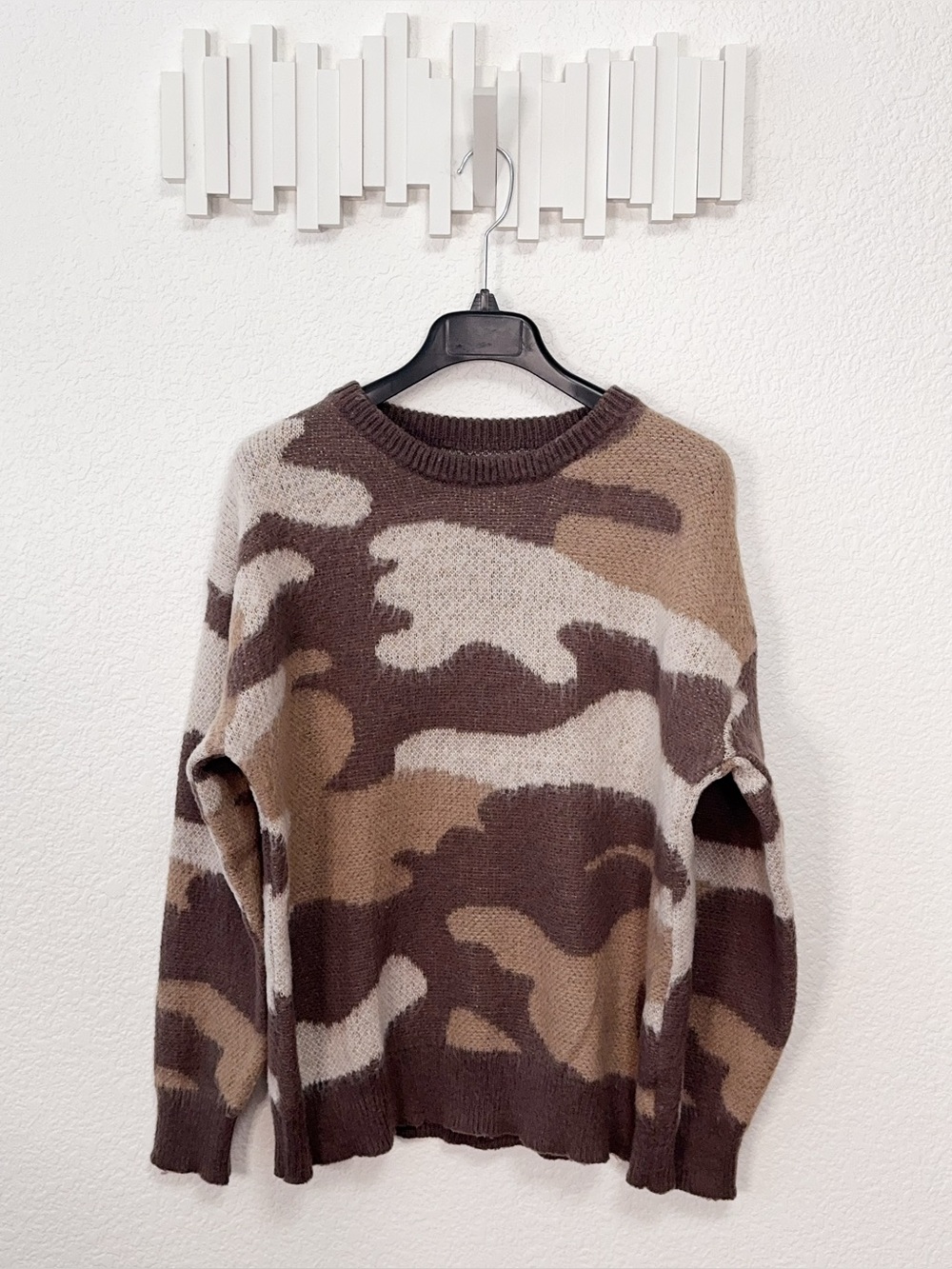 Brown Neutral Camo Print Crewneck Pullover Knit Sweater